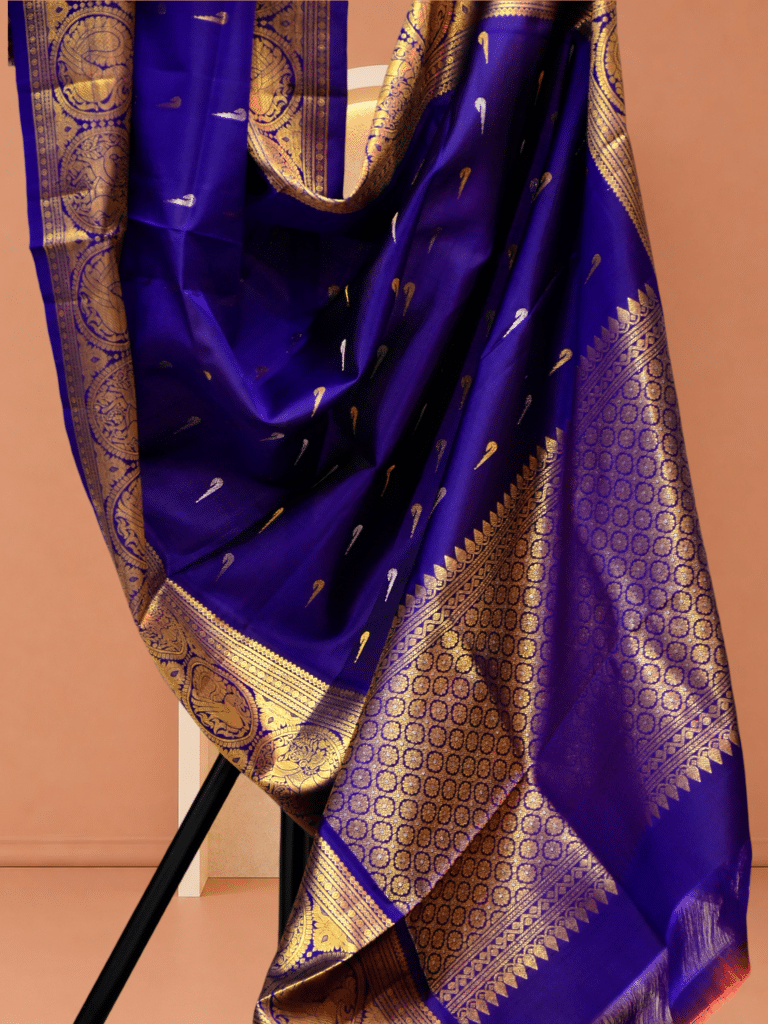 Royal Blue Pure Handloom Gadwal Silk Dupatta with Kuttu Border & Peacock Motifs - view 2