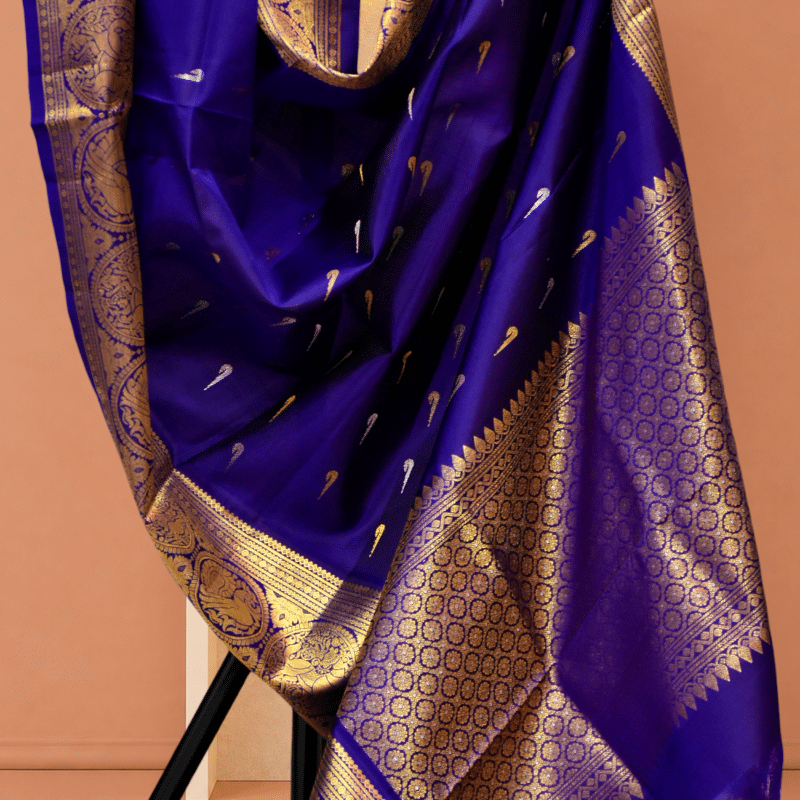 Royal Blue Pure Handloom Gadwal Silk Dupatta with Kuttu Border & Peacock Motifs - view 2