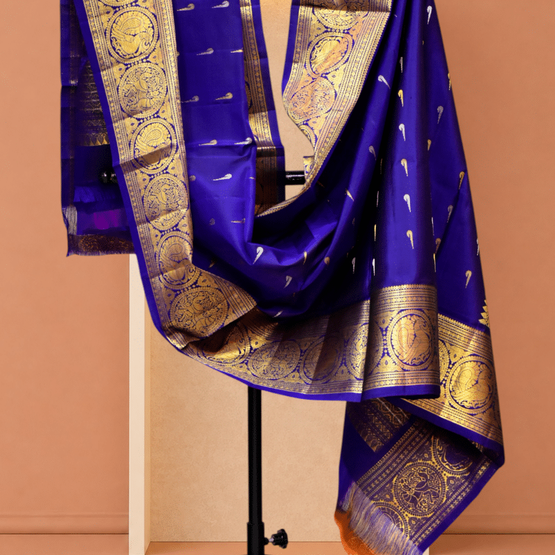 Royal Blue Pure Handloom Gadwal Silk Dupatta with Kuttu Border & Peacock Motifs