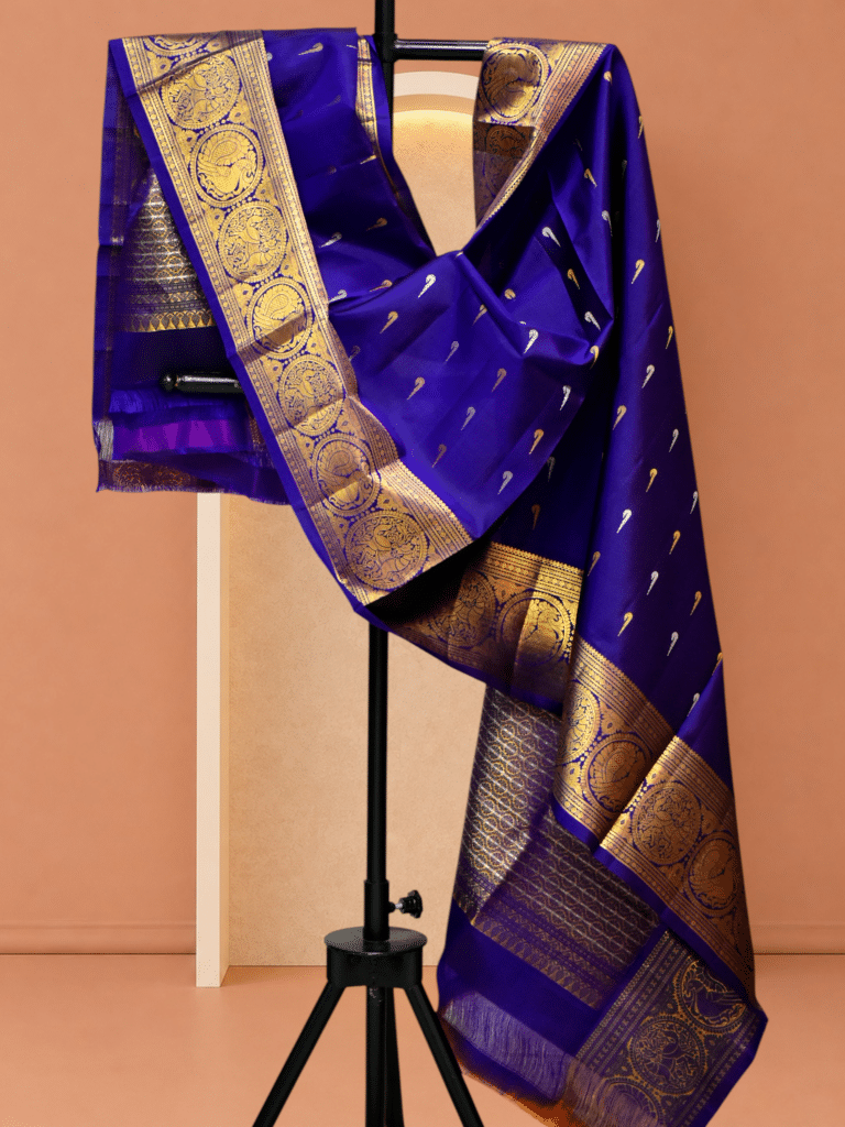 Royal Blue Pure Handloom Gadwal Silk Dupatta with Kuttu Border & Peacock Motifs - view 3