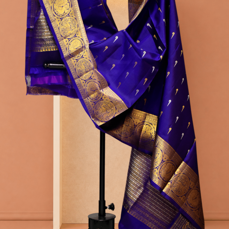 Royal Blue Pure Handloom Gadwal Silk Dupatta with Kuttu Border & Peacock Motifs - view 3