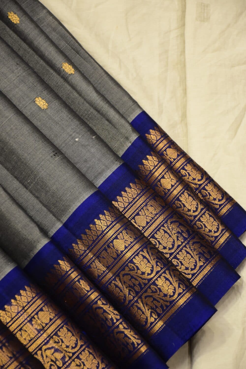 Grey & Royal Blue Pure Handloom Sico Gadwal Saree