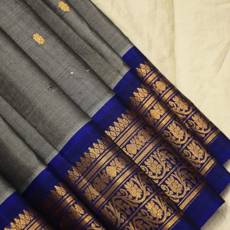 Grey & Royal Blue Pure Handloom Sico Gadwal Saree - view 5