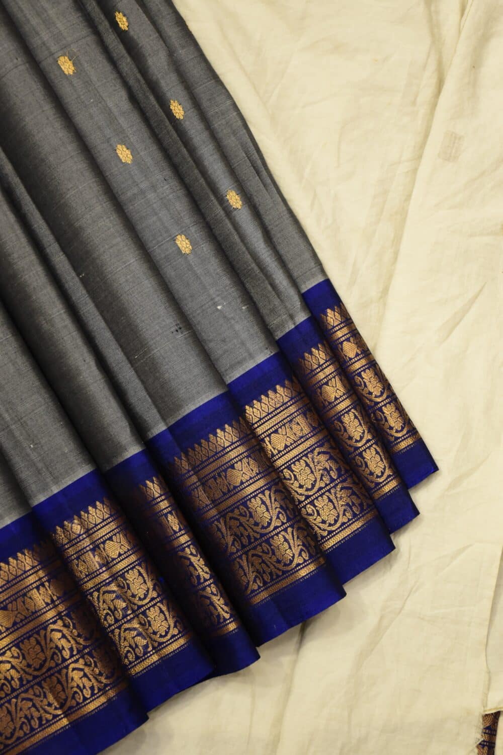 Grey & Royal Blue Pure Handloom Sico Gadwal Saree