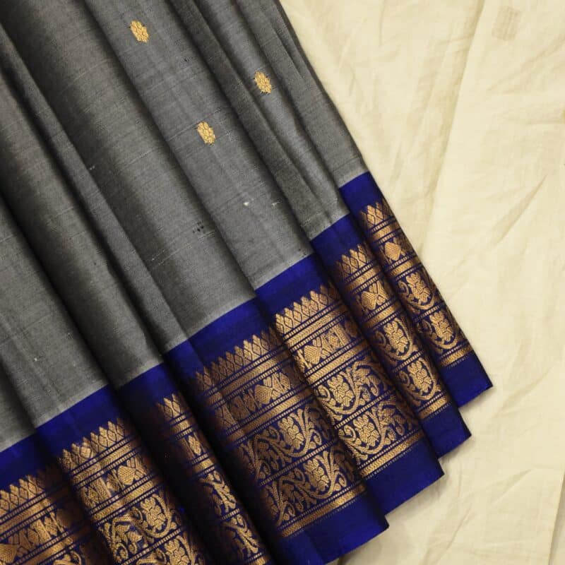 Grey & Royal Blue Pure Handloom Sico Gadwal Saree - view 7