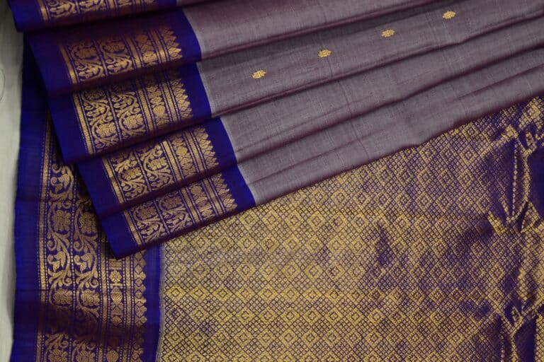 Lavender Grey & Royal Blue Pure Handloom Sico Gadwal Saree - view 3