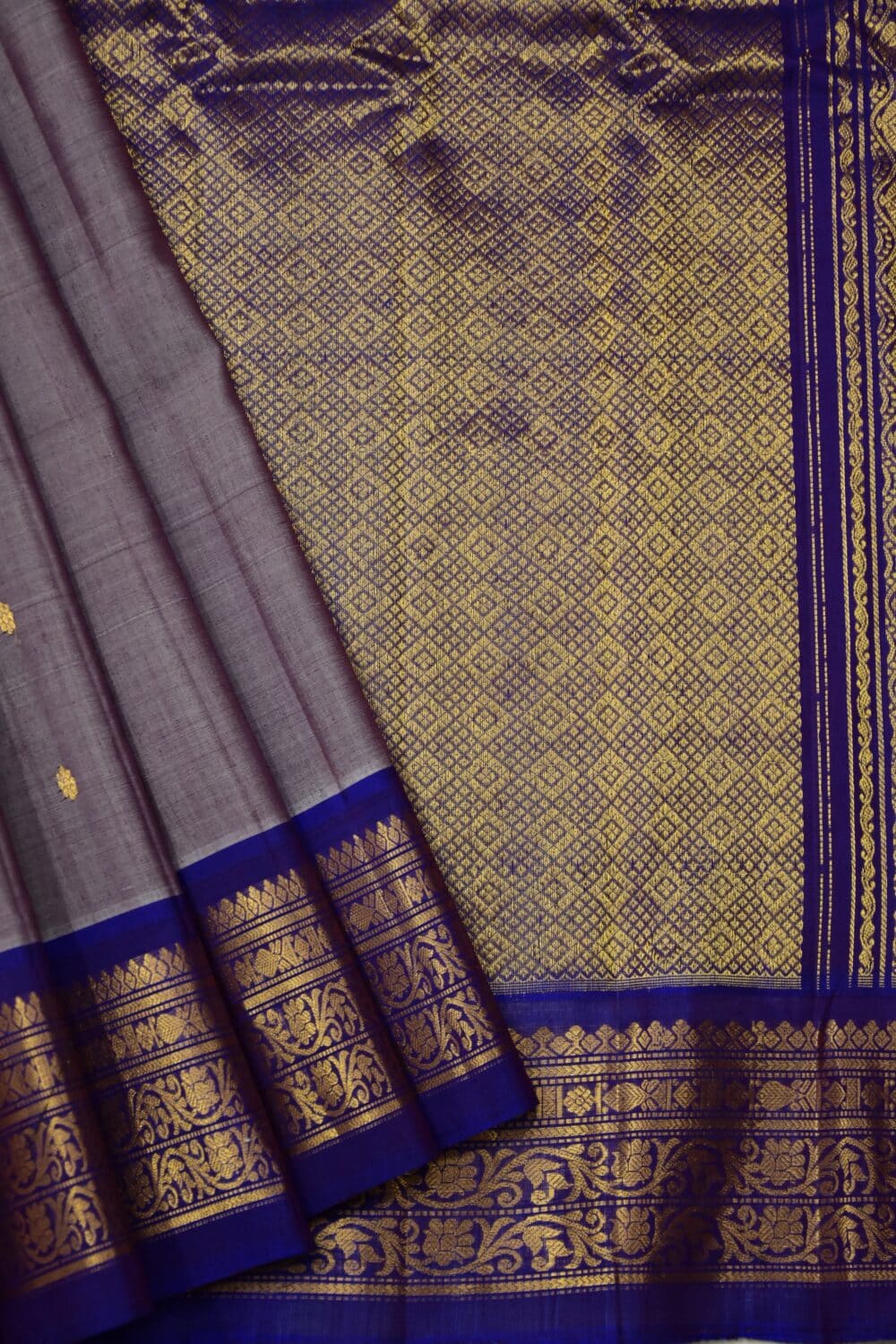Lavender Grey & Royal Blue Pure Handloom Sico Gadwal Saree