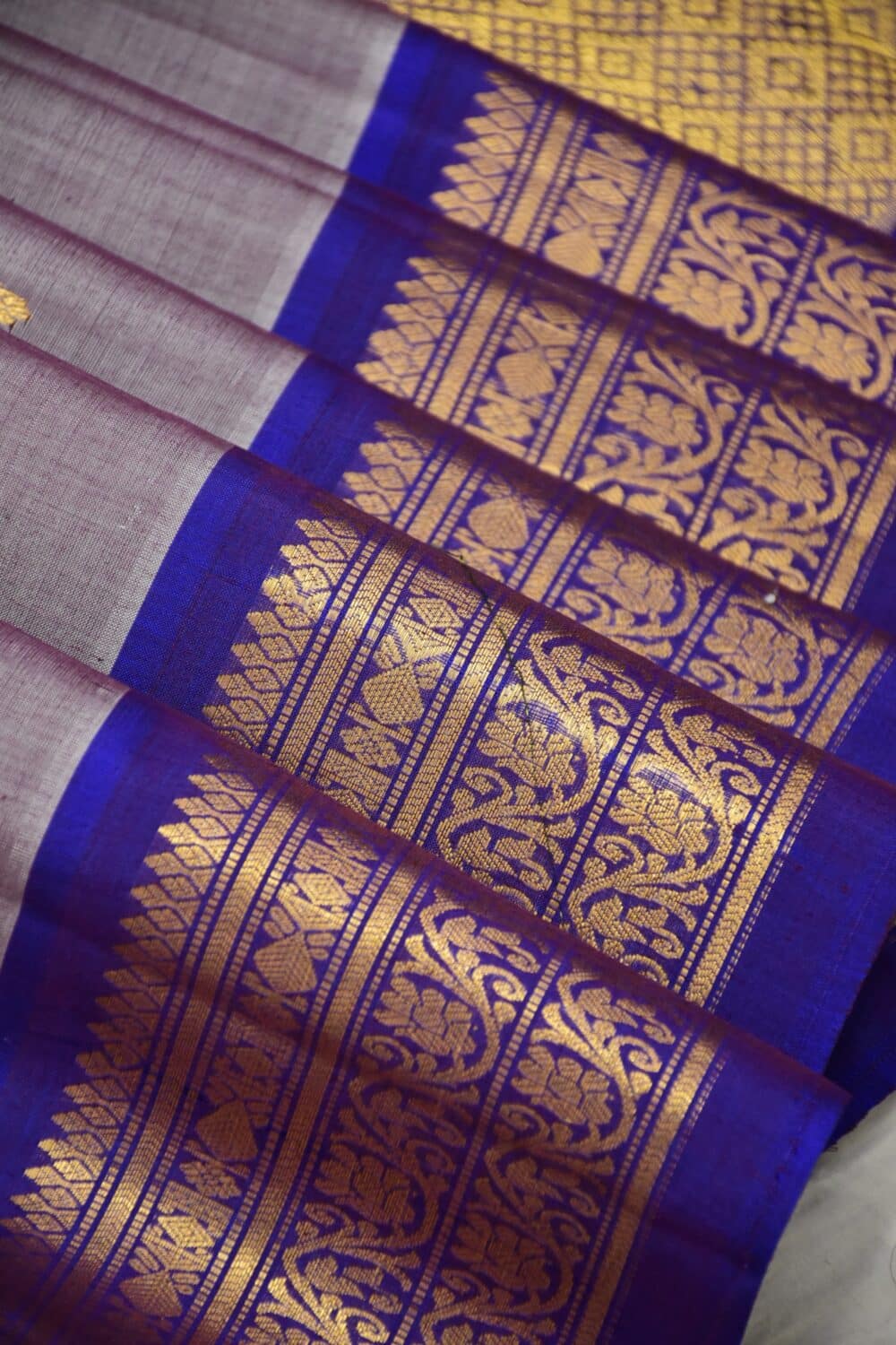 Lavender Grey & Royal Blue Pure Handloom Sico Gadwal Saree