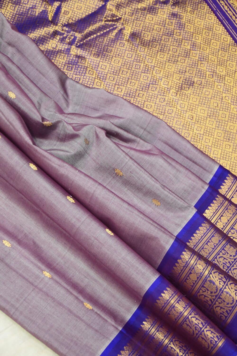Lavender Grey & Royal Blue Pure Handloom Sico Gadwal Saree