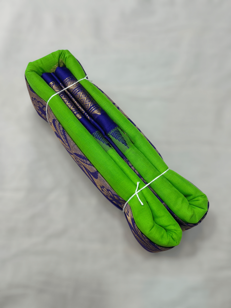 Parrot Green Original Cotton Gadwal Saree with Royal Blue Temple Kuttu Border and Zari Butta