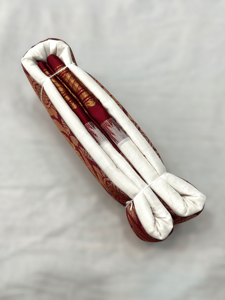 Off White Original Cotton Gadwal Saree with Maroon Temple Kuttu Border and Zari Butta