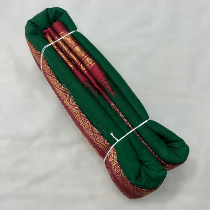 Bottle Green Original Cotton Gadwal Saree with Maroon Temple Kuttu Border and Zari Butta