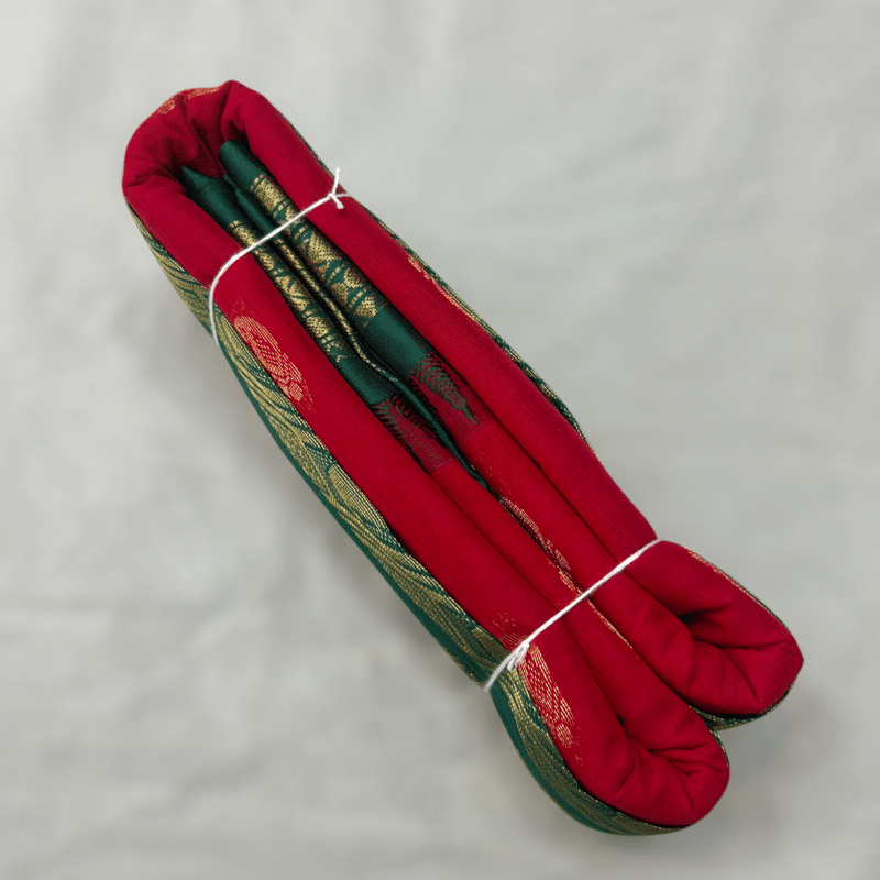 Red Original Cotton Gadwal Saree with Bottle Green Temple Kuttu Border and Zari Butta