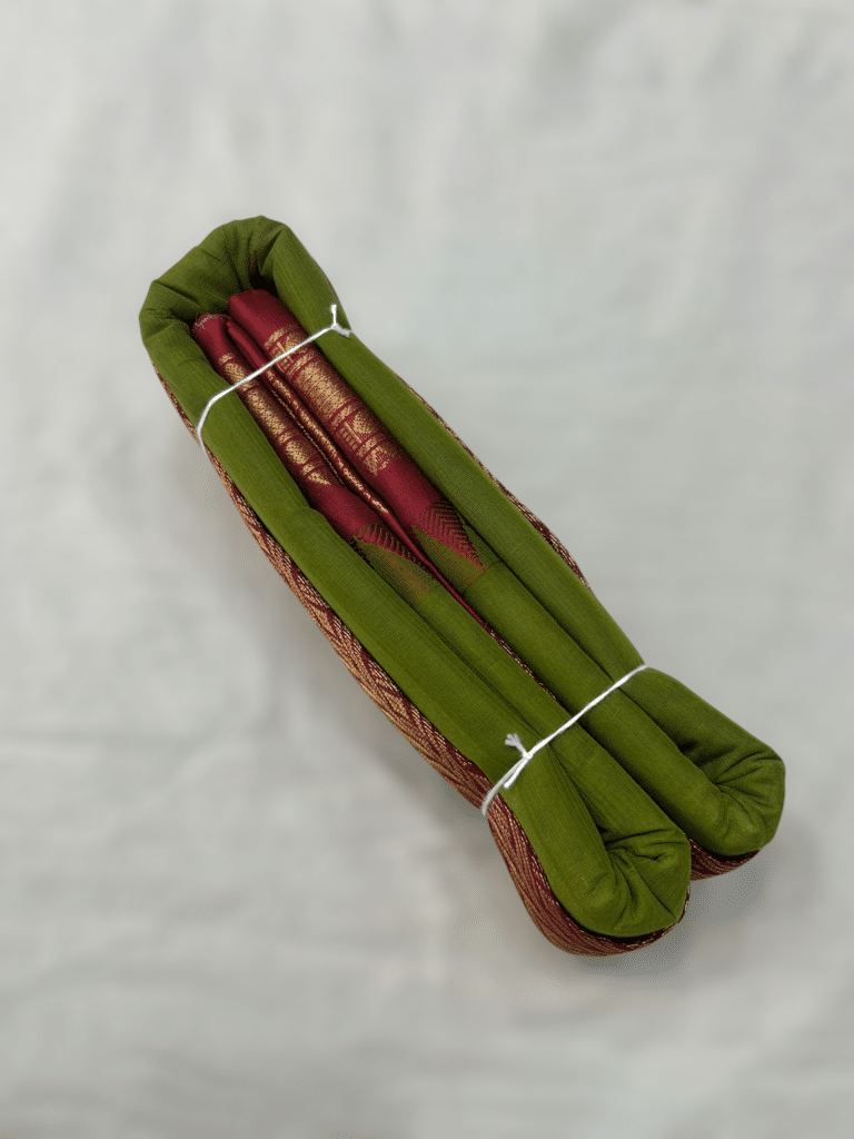 Olive Green Original Cotton Gadwal Saree with Maroon Temple Kuttu Border and Zari Butta