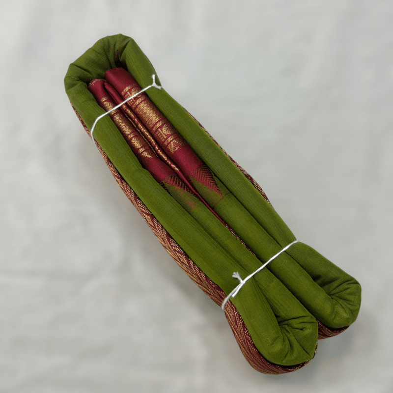 Olive Green Original Cotton Gadwal Saree with Maroon Temple Kuttu Border and Zari Butta