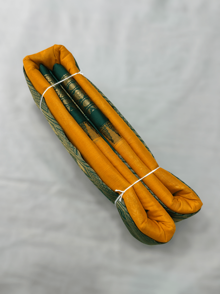 Mustard Yellow Original Cotton Gadwal Saree with Bottle Green Temple Kuttu Border and Zari Butta