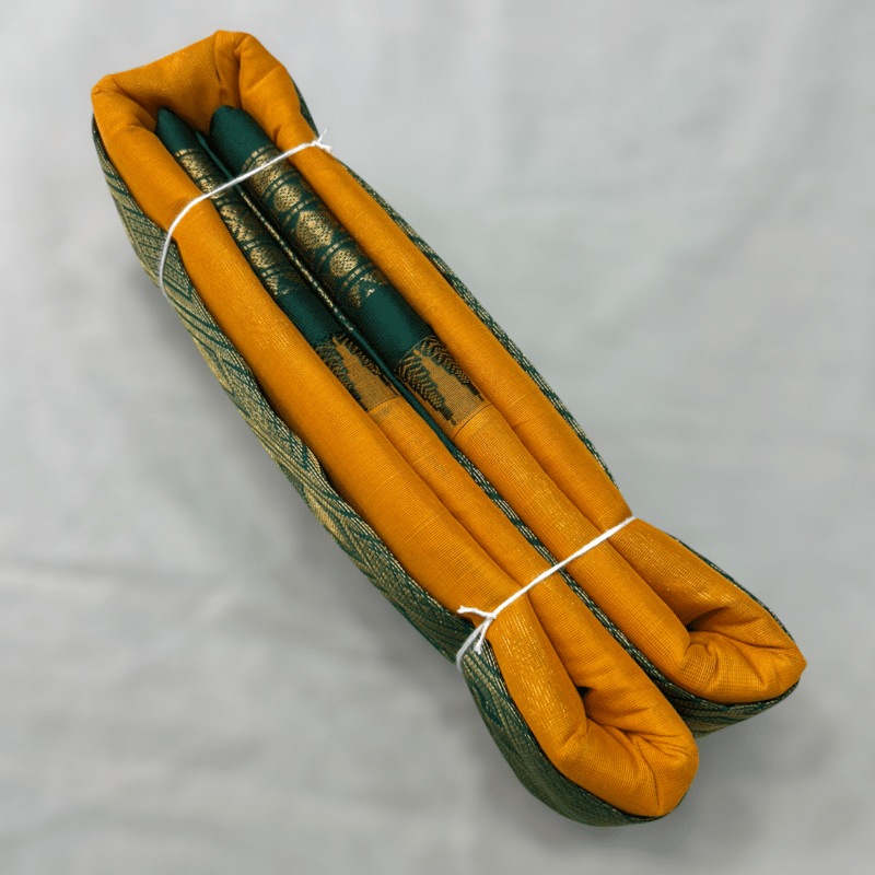 Mustard Yellow Original Cotton Gadwal Saree with Bottle Green Temple Kuttu Border and Zari Butta