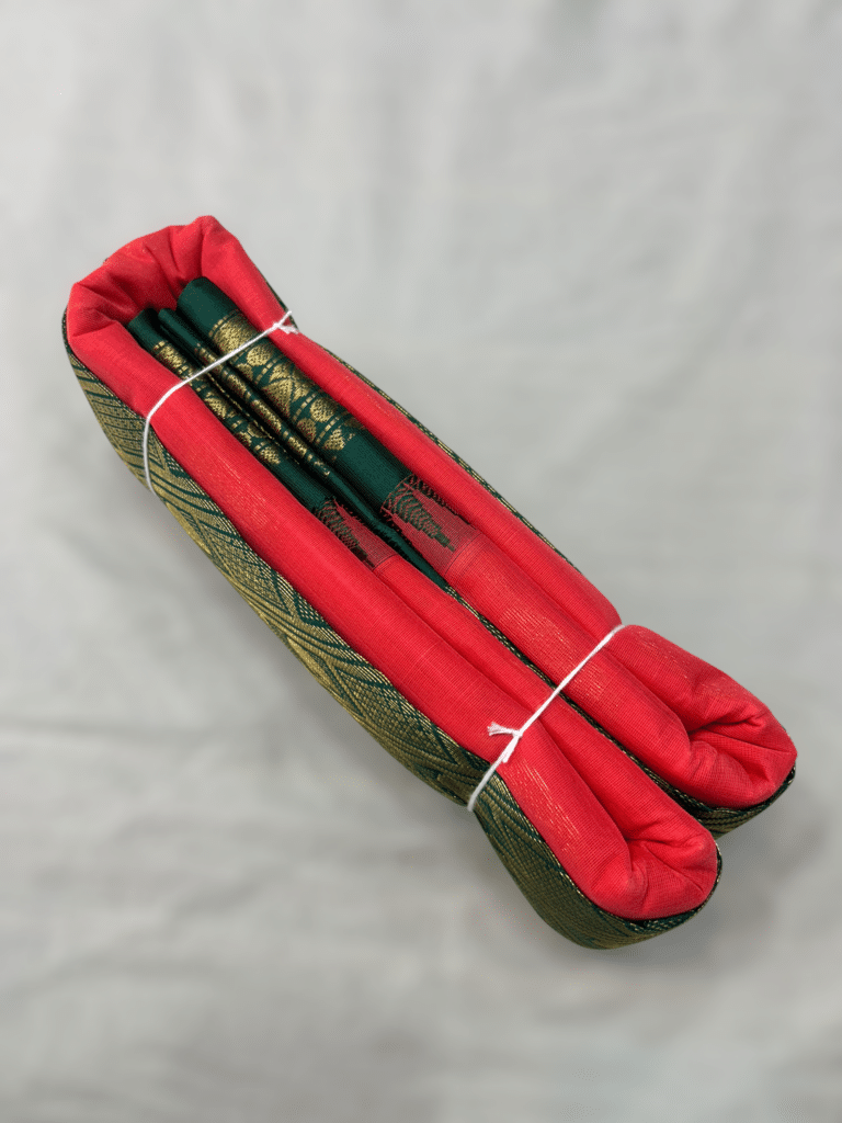 Coral Red Original Cotton Gadwal Saree with Bottle Green Temple Kuttu Border and Zari Butta