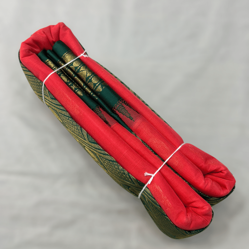 Coral Red Original Cotton Gadwal Saree with Bottle Green Temple Kuttu Border and Zari Butta