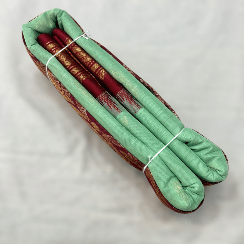 Mint Green Original Cotton Gadwal Saree with Maroon Temple Kuttu Border and Zari Butta
