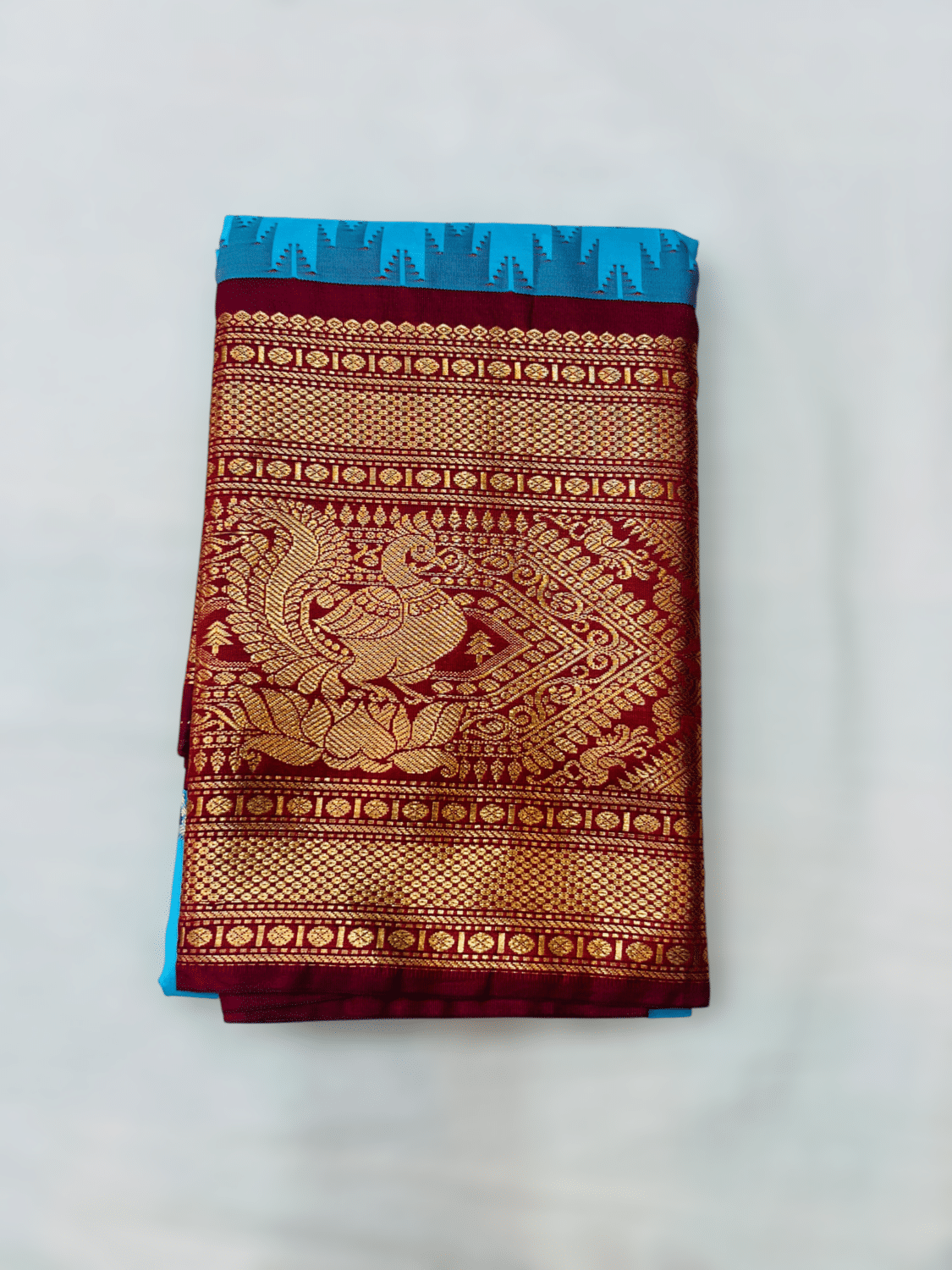Sky Blue Premium Semi Gadwal Saree with Wine Temple Kuttu Border & Meena Buttas