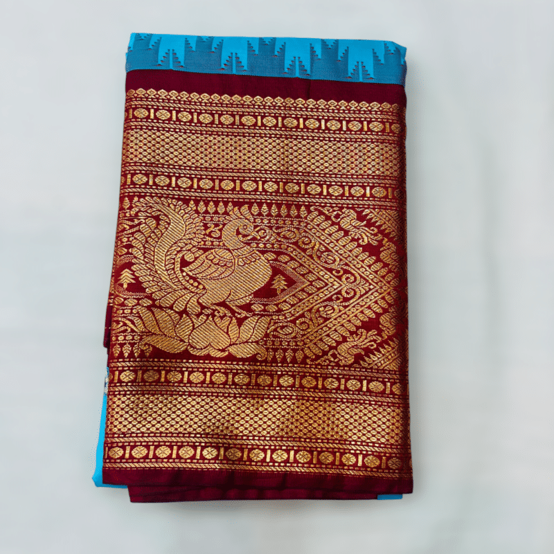 Sky Blue Premium Semi Gadwal Saree with Wine Temple Kuttu Border - close-up detail