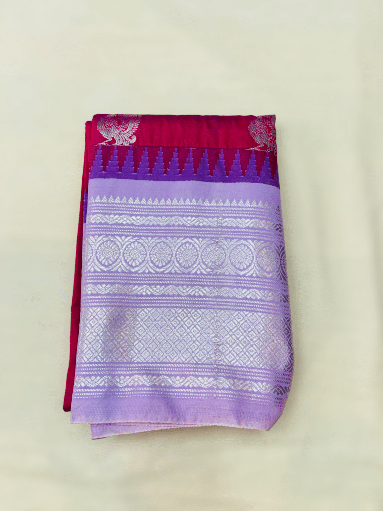 Rani Pink Premium Semi Gadwal Saree with Lavender Temple Kuttu Border and Silver Buttas
