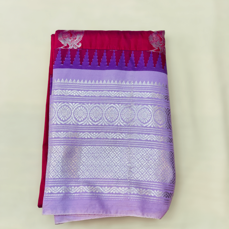 Rani Pink Premium Semi Gadwal Saree with Lavender Temple Kuttu Border and Silver Buttas