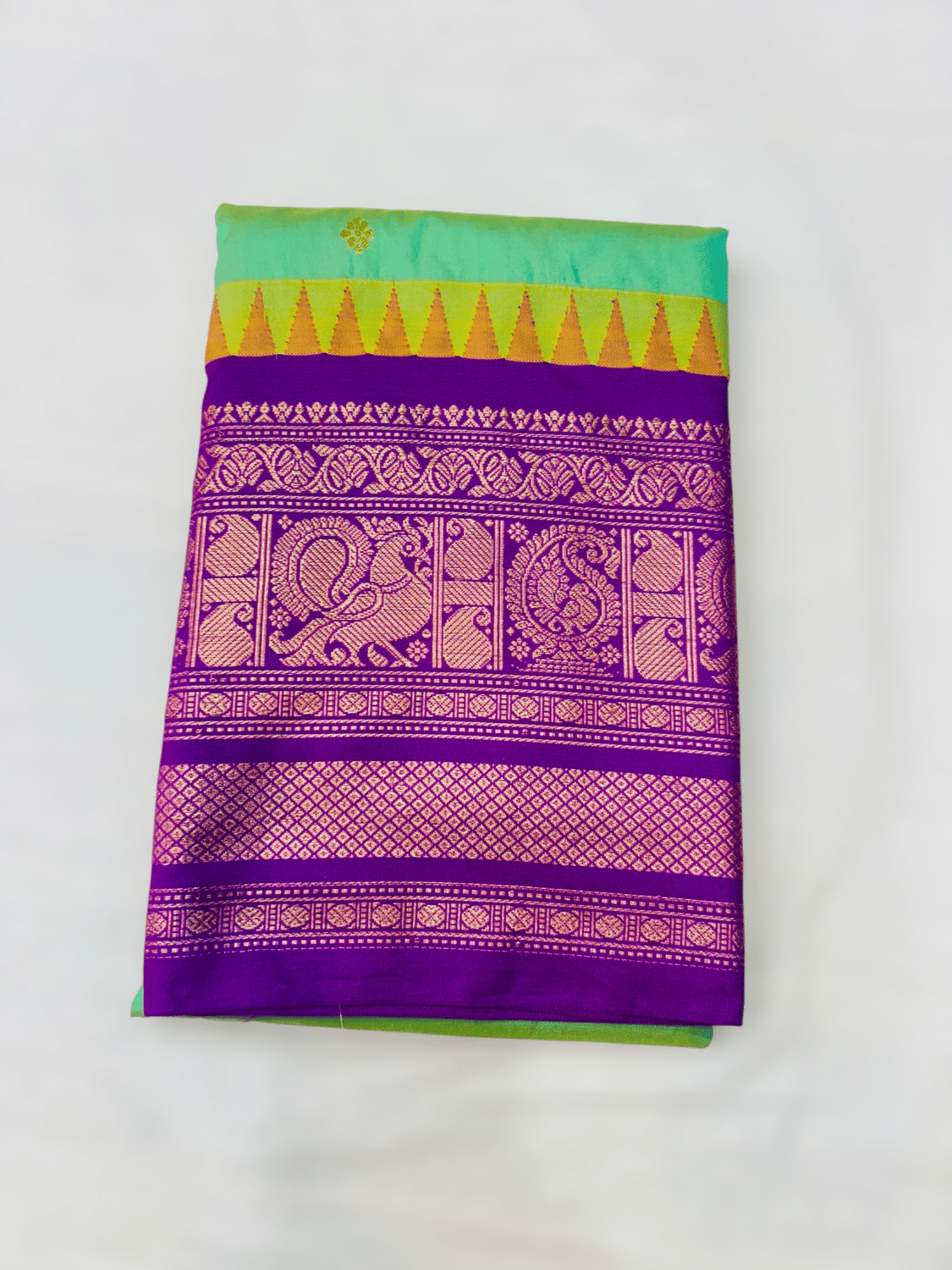 Sea Green Premium Semi Gadwal Saree with Purple Temple Kuttu Border & Gold Buttas