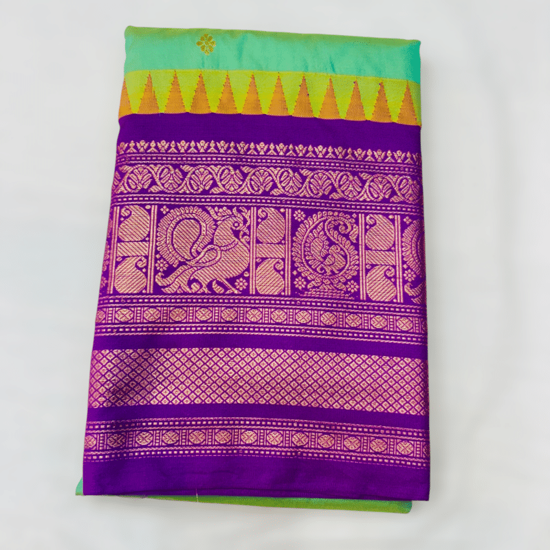 Sea Green Premium Semi Gadwal Saree with Purple Temple Kuttu Border - close-up detail