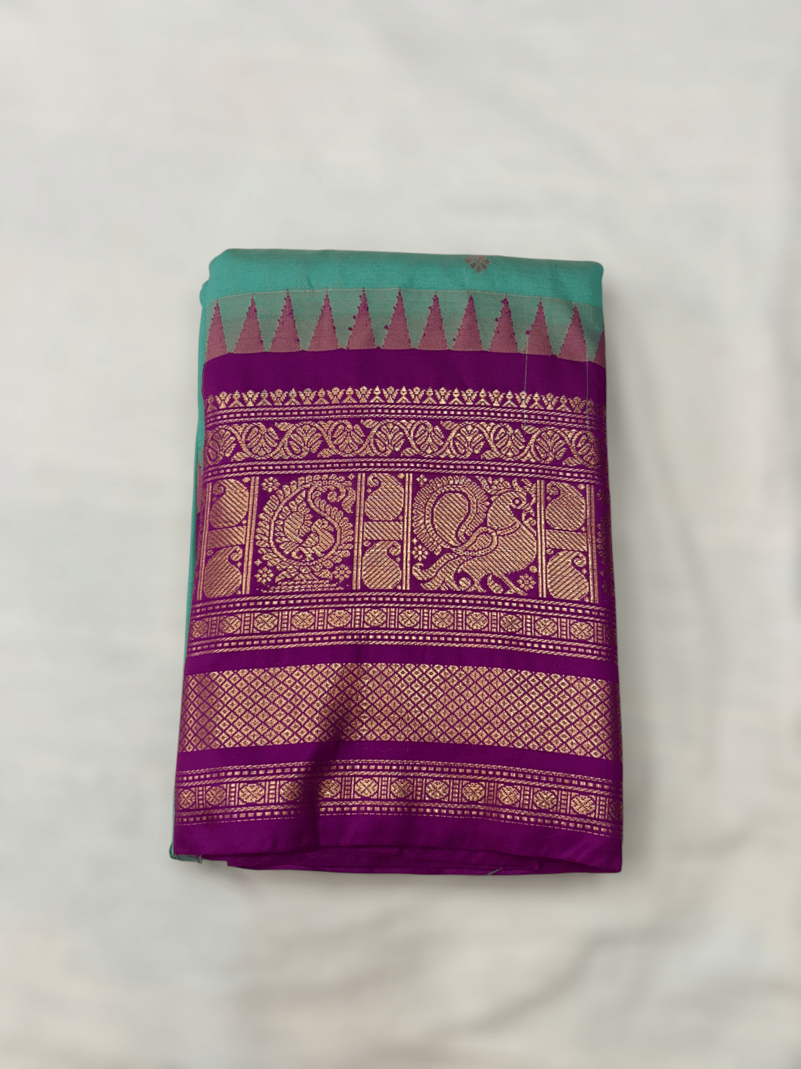 Sea Green Premium Semi Gadwal Saree with Purple Temple Kuttu Border & Gold Buttas