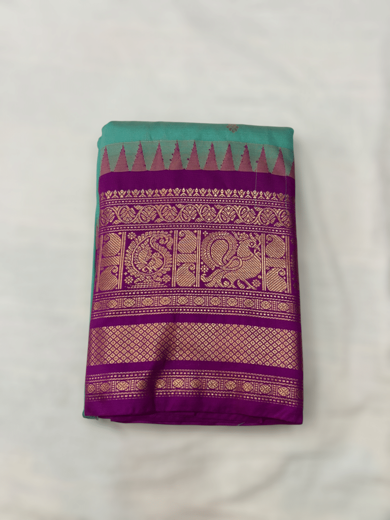 Sea Green Premium Semi Gadwal Saree with Purple Temple Kuttu Border and Gold Buttas