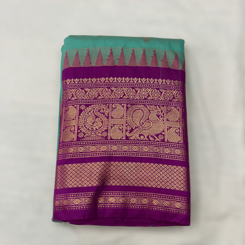 Sea Green Premium Semi Gadwal Saree with Purple Temple Kuttu Border and Gold Buttas