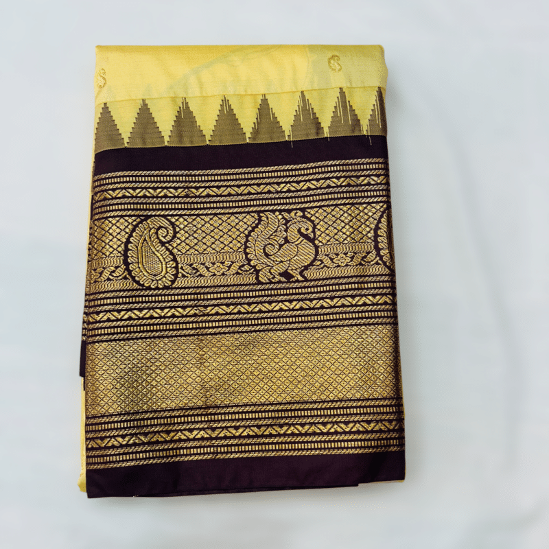 Pastel Yellow Premium Semi Gadwal Saree with Wine Temple Kuttu Border - close-up detail