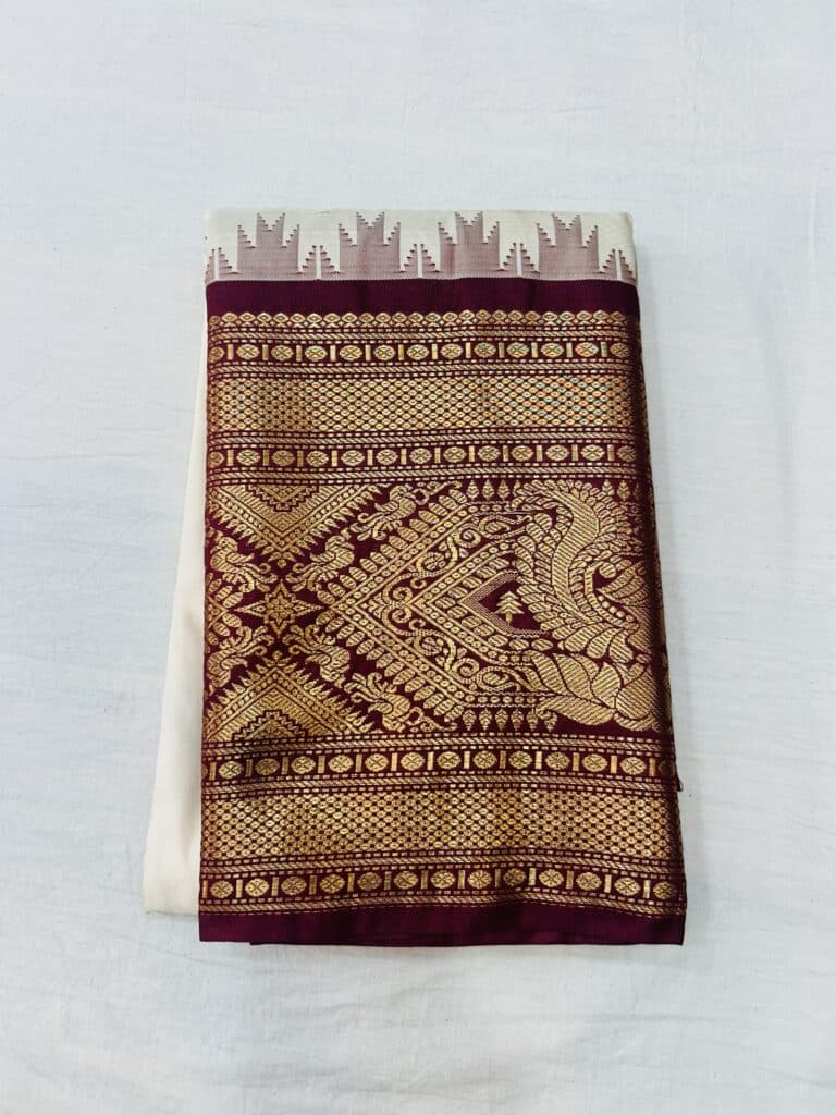 Off White Semi Gadwal Saree with Maroon Temple Kuttu Border & Wide Zari Pallu - view 2