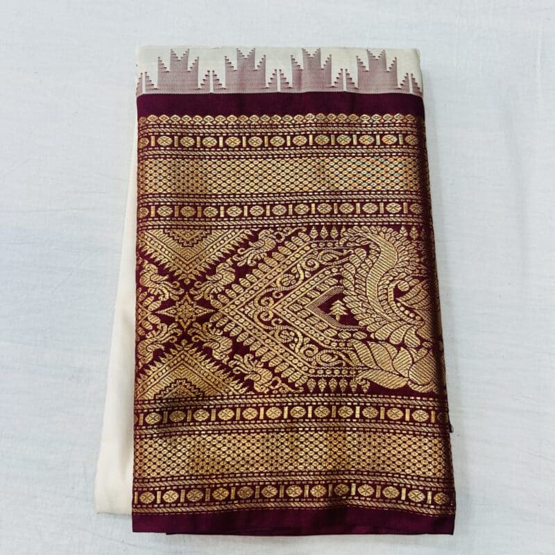 Off White Semi Gadwal Saree with Maroon Temple Kuttu Border & Wide Zari Pallu - view 2