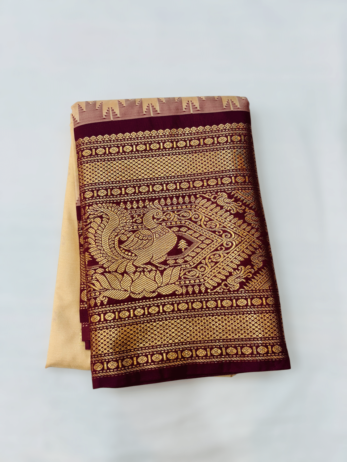 Light Beige Premium Semi Gadwal Saree with Wine Temple Kuttu Border & Meena Buttas