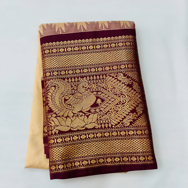 Light Beige Premium Semi Gadwal Saree with Wine Temple Kuttu Border - close-up detail