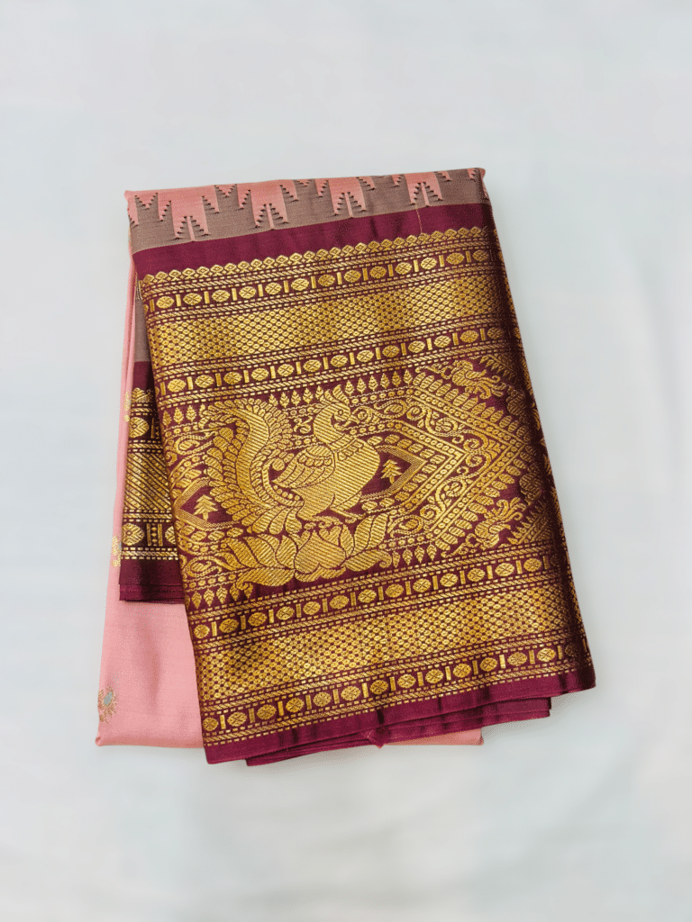 Peach Pink Premium Semi Gadwal Saree with Maroon Temple Kuttu Border - close-up detail