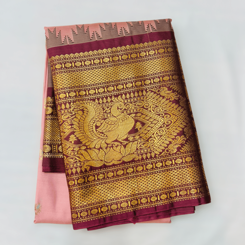 Peach Pink Premium Semi Gadwal Saree with Maroon Temple Kuttu Border - close-up detail