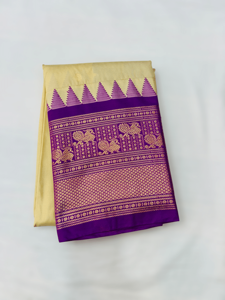 Beige Premium Semi Gadwal Saree with Purple Temple Kuttu Border - close-up detail