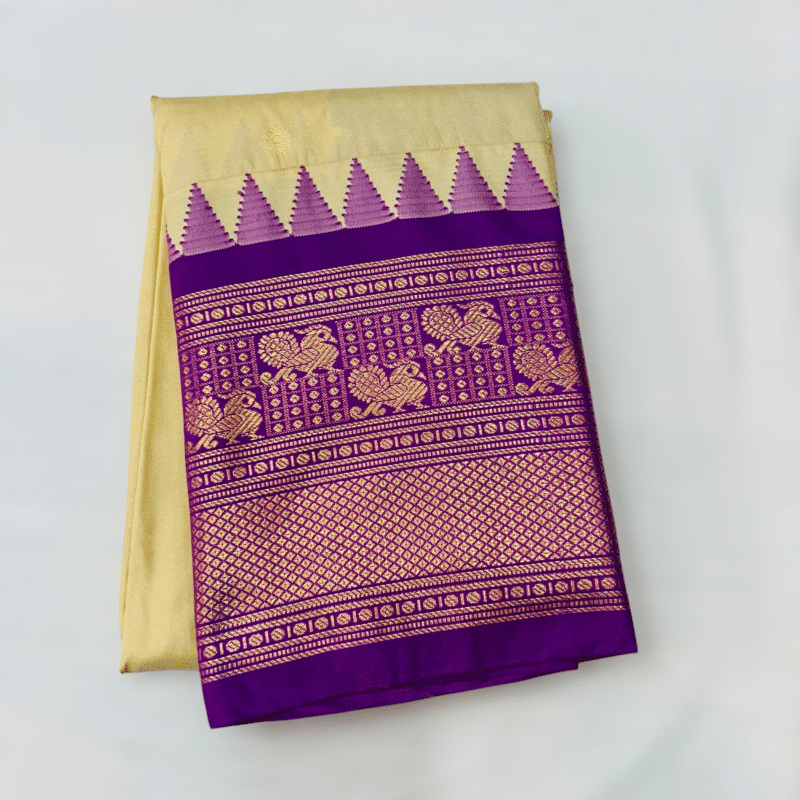 Beige Premium Semi Gadwal Saree with Purple Temple Kuttu Border - close-up detail