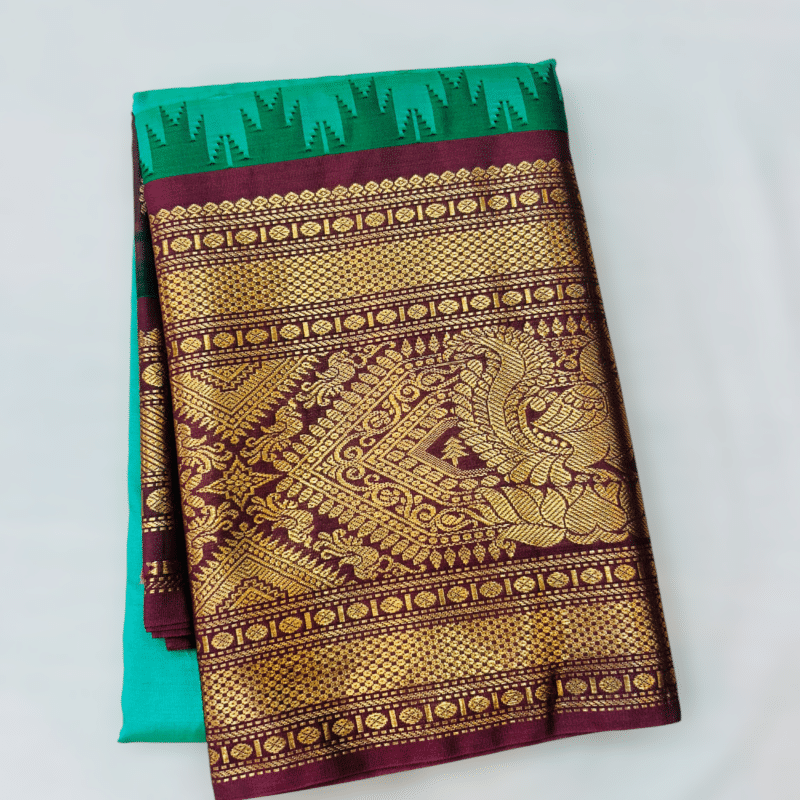 Sea Green Semi Gadwal Saree with Maroon Temple Kuttu Border and Meena Butta