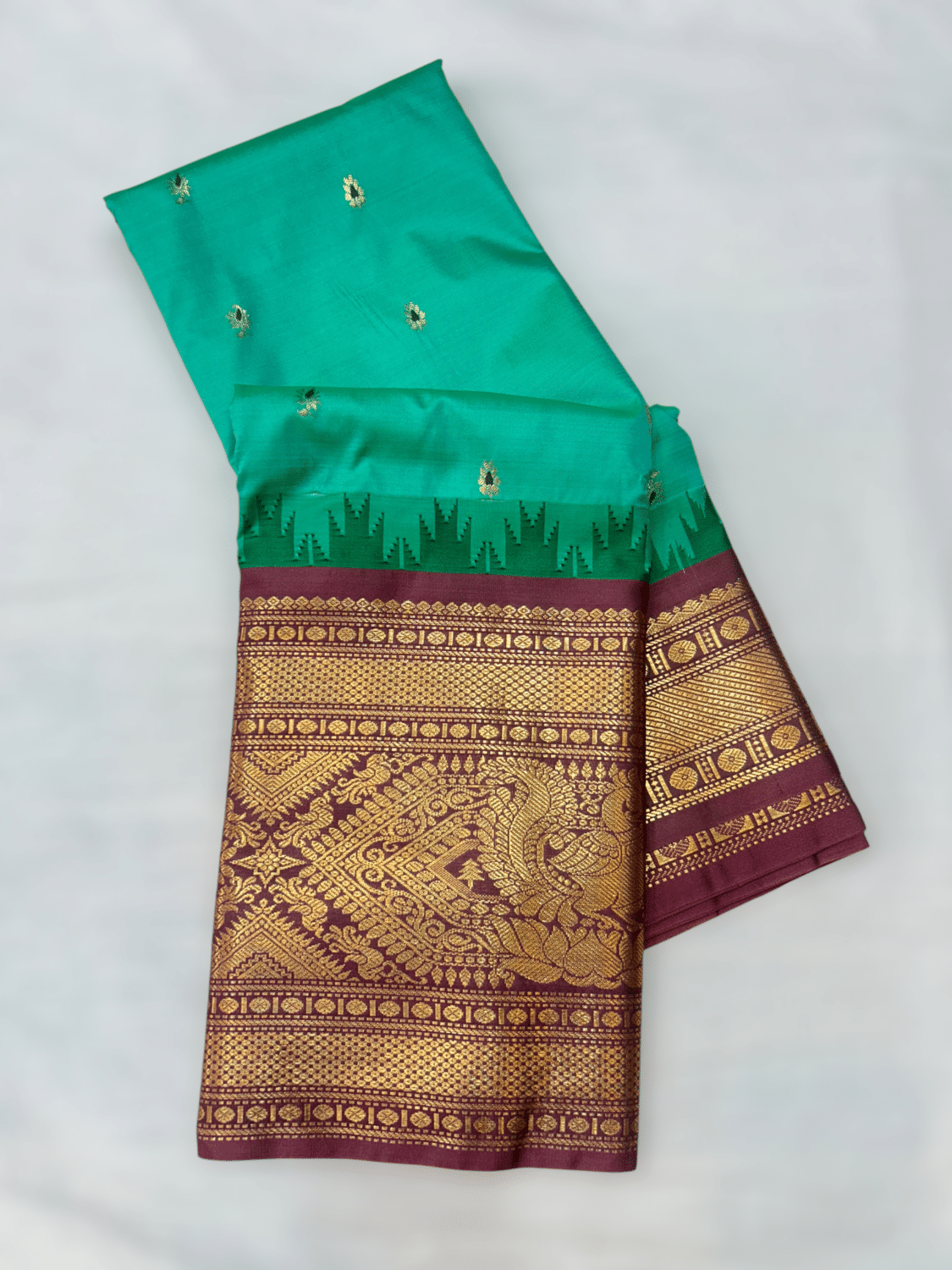 Sea Green Semi Gadwal Saree | Maroon Temple Kuttu Border & Meena Butta