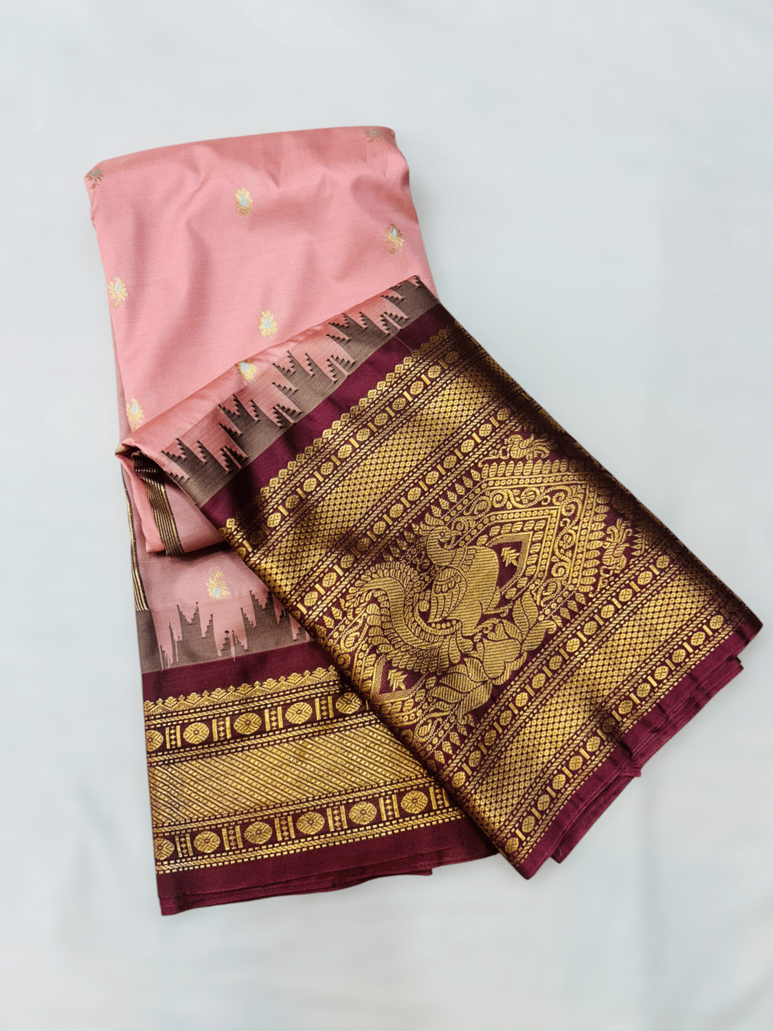 Peach Pink Premium Semi Gadwal Saree with Maroon Temple Kuttu Border & Meena Buttas