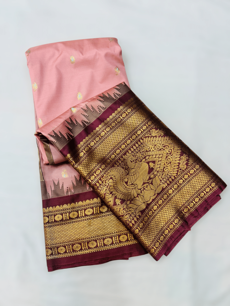 Peach Pink Premium Semi Gadwal Saree with Maroon Temple Kuttu Border and Meena Buttas
