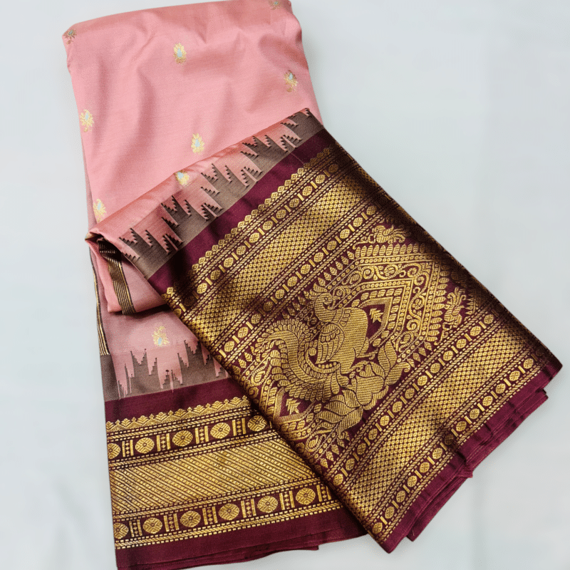 Peach Pink Premium Semi Gadwal Saree with Maroon Temple Kuttu Border and Meena Buttas