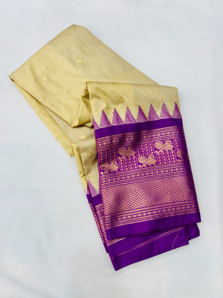 Beige Premium Semi Gadwal Saree with Purple Temple Kuttu Border and Gold Buttas