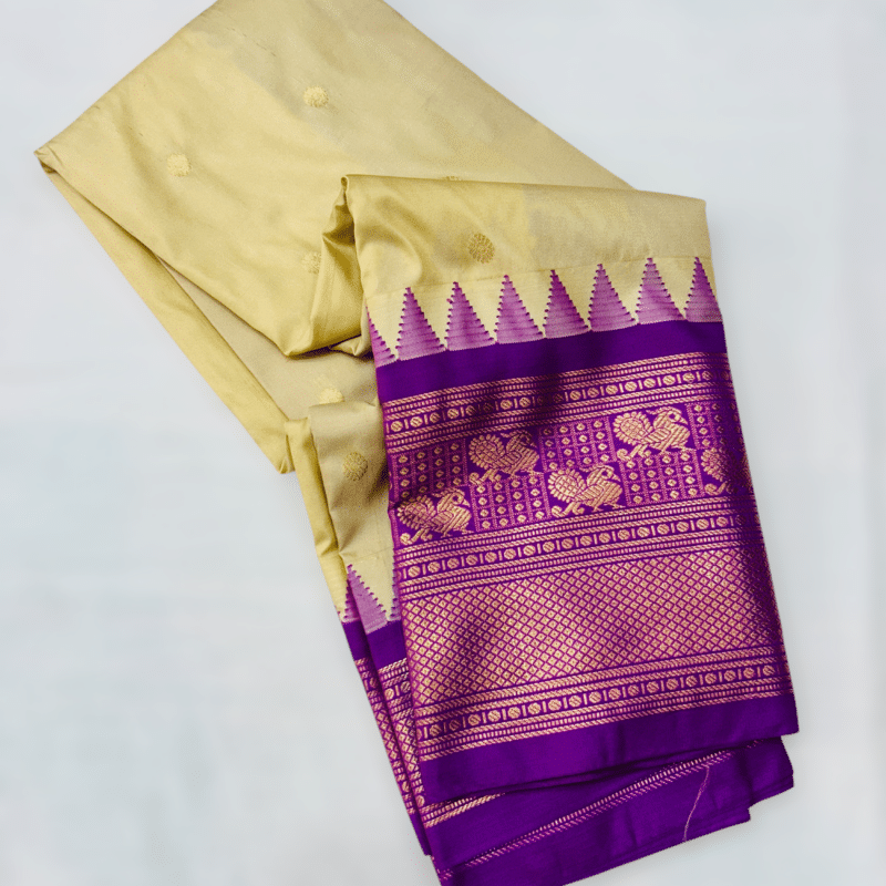 Beige Premium Semi Gadwal Saree with Purple Temple Kuttu Border and Gold Buttas