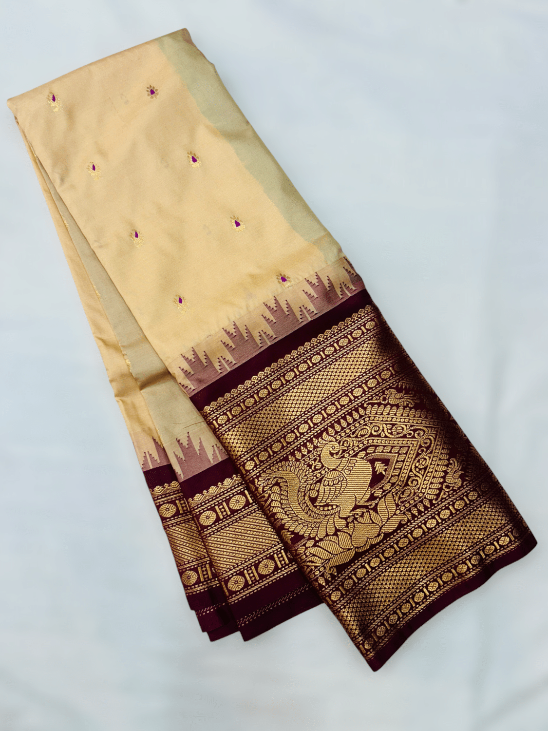 Light Beige Premium Semi Gadwal Saree with Wine Temple Kuttu Border & Meena Buttas